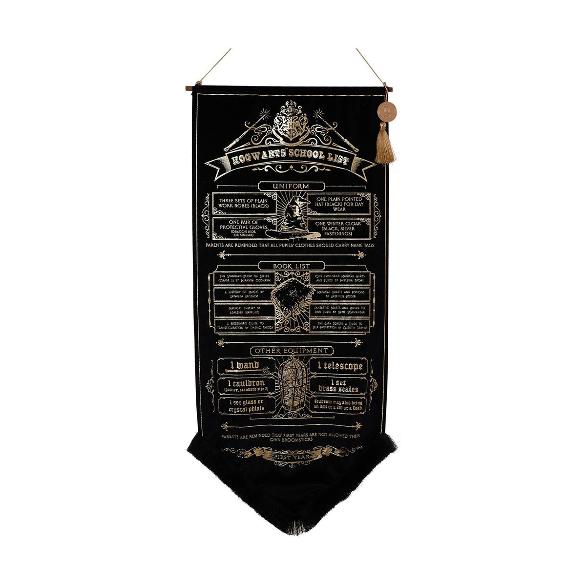 Hogwarts School List hanging wall banner in black and gold, with crest, wand graphics, and printed uniform, book, and equipment lists, on a plain white background.