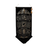 Hogwarts School List hanging wall banner in black and gold, with crest, wand graphics, and printed uniform, book, and equipment lists, on a plain white background.