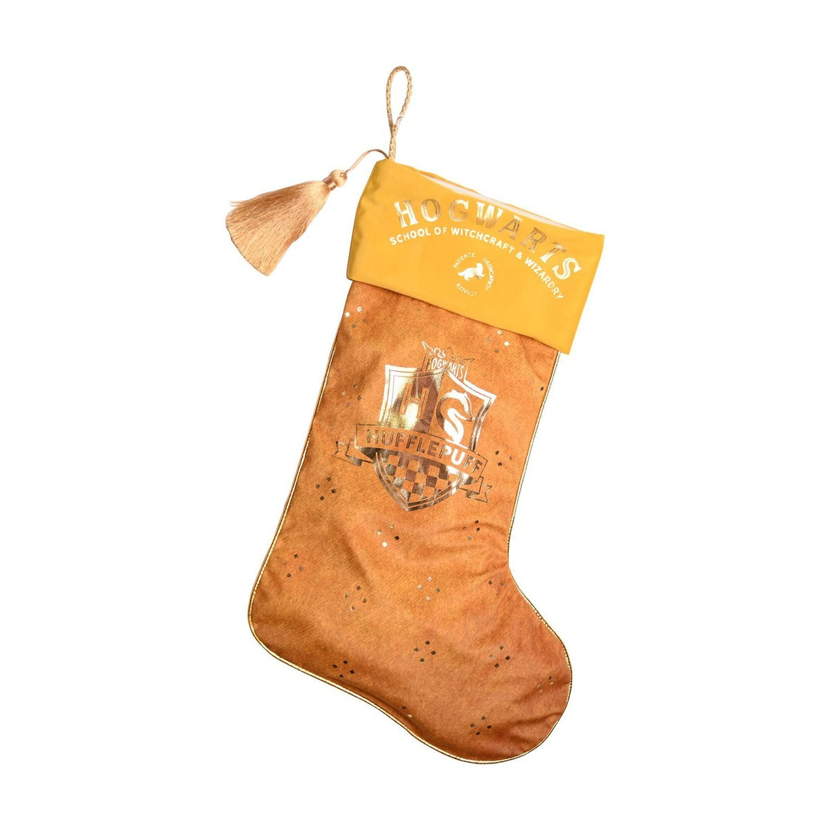 Harry Potter Hufflepuff Christmas stocking in yellow and gold, with a Hogwarts-printed cuff, gold house crest, tassel trim, and hanging loop on a white background.