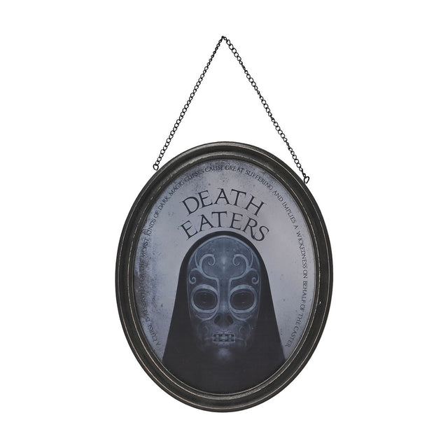 Oval wall plaque with black frame and hanging chain, featuring a mirrored silver-toned panel with a hooded Death Eater mask and curved text, on a plain white background.