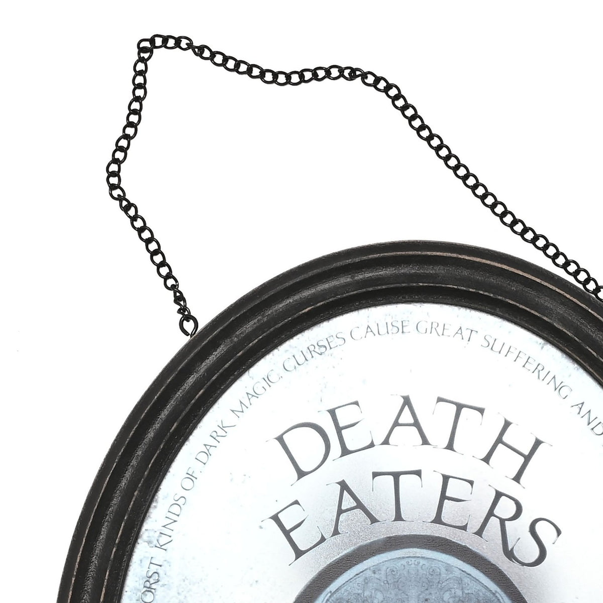 Oval mirrored wooden plaque with a black frame and chain hanger, reading "DEATH EATERS" above a silvery hooded mask design, shown against a plain white background.