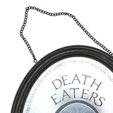Oval mirrored wooden plaque with a black frame and chain hanger, reading "DEATH EATERS" above a silvery hooded mask design, shown against a plain white background.