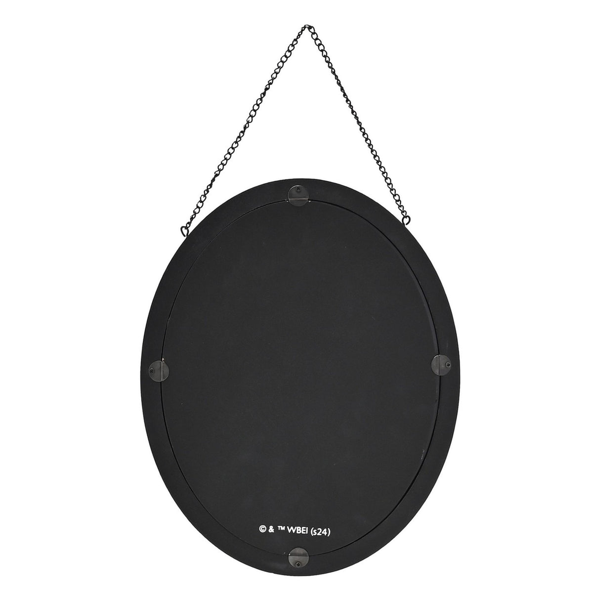 Reverse view of the Harry Potter Death Eater oval mirrored wooden plaque, showing a black backing panel with mounting hooks and a hanging chain, set against a plain white background.