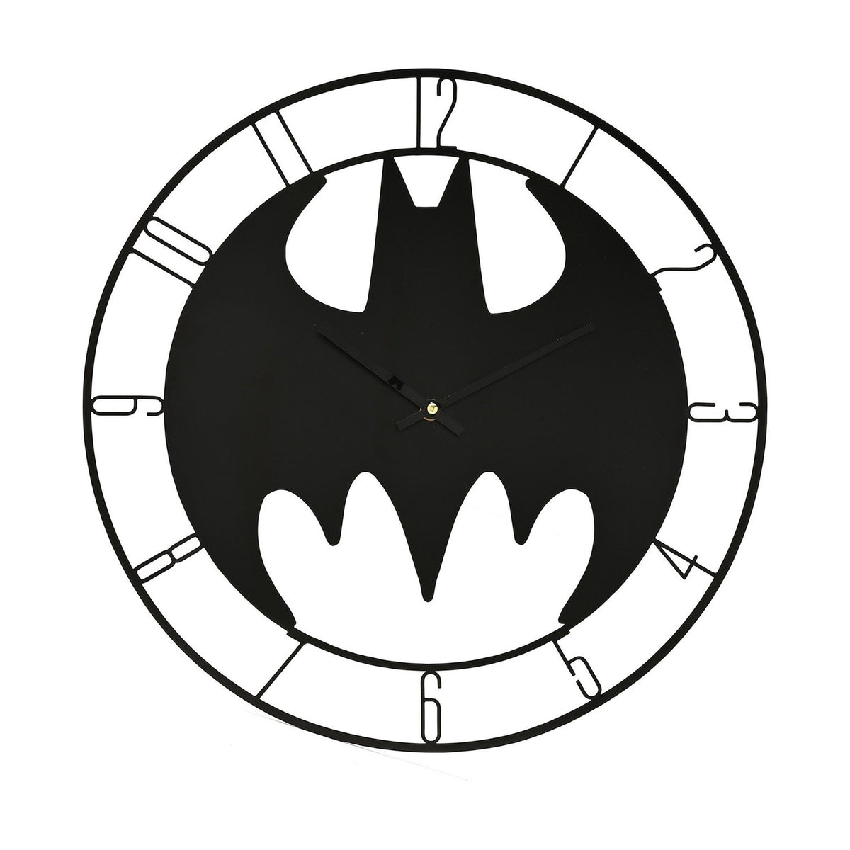 Round open frame wall clock, 45cm, featuring a matt black metal Batman bat symbol with cut-out wings, surrounded by a slim ring with open outline numerals, on a white background.
