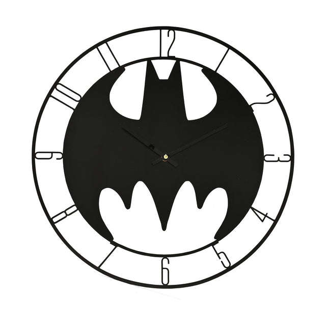 Round open frame wall clock, 45cm, featuring a matt black metal Batman bat symbol with cut-out wings, surrounded by a slim ring with open outline numerals, on a white background.