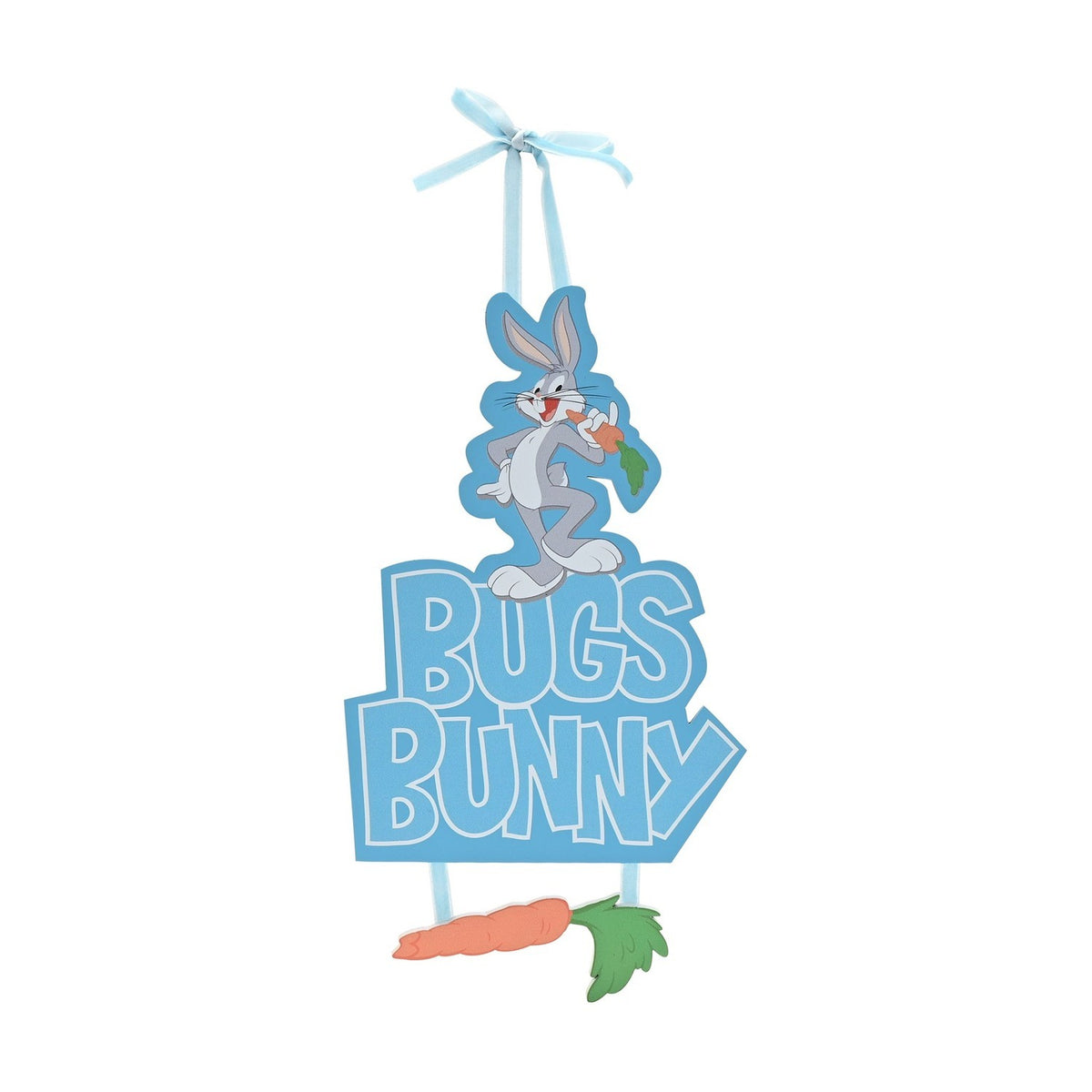 Blue MDF wall plaque shaped as Bugs Bunny holding a carrot above the arrow-cut "BUGS BUNNY" text, hung with a light blue ribbon on a plain white background.
