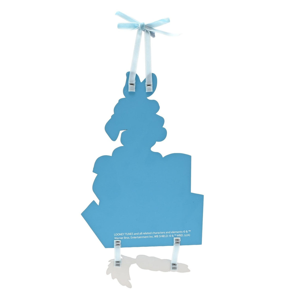 Rear view of the Looney Tunes Bugs Bunny MDF plaque in blue, shaped silhouette with ribbon hanging loop, clips, and printed text on a plain white background.