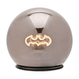 Round silver LED light-up decoration featuring a glowing Batman bat symbol inside a mirror-finish sphere, set on a plain white background.