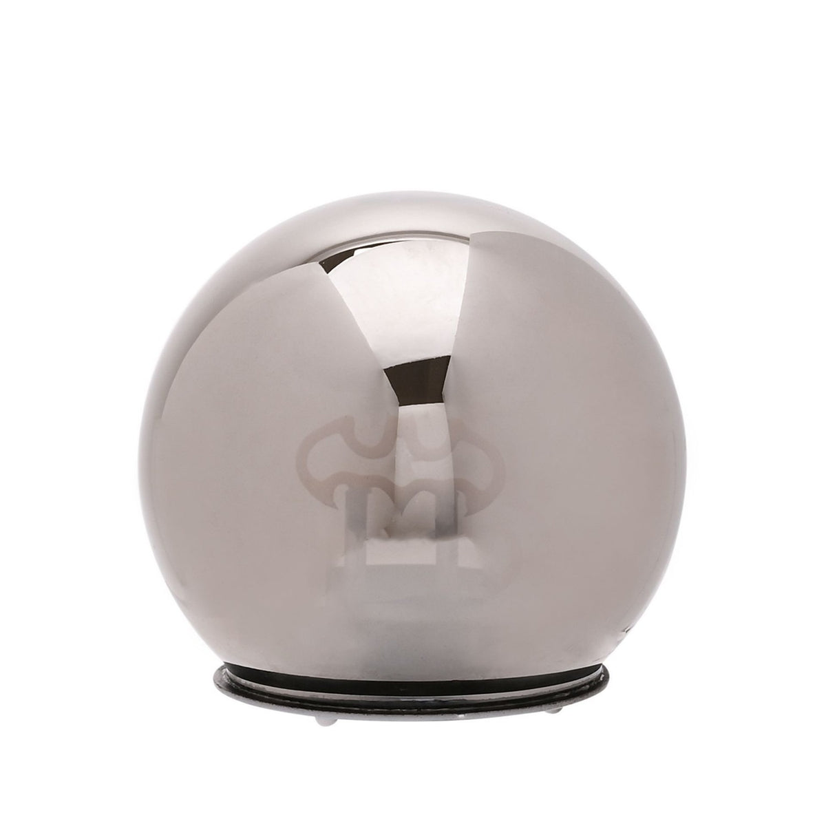 Batman Bat Symbol Ball LED Light-Up Decoration in silver, a round mirror-finish sphere on a black base with the bat emblem subtly visible on its surface, shown against a plain white background.