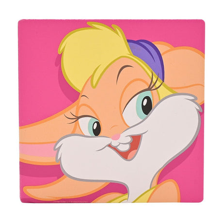 Square ceramic and cork coaster featuring Lola Bunny's smiling face with teal eyes, yellow fringe and white muzzle on a bold pink background.