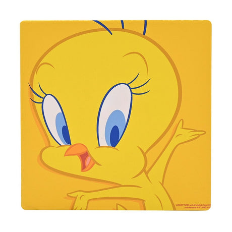 Square ceramic coaster with cork finish featuring a close-up of Tweety Pie's face with large blue eyes and an orange beak on a yellow background.