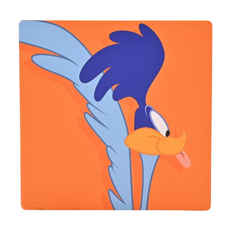 Square ceramic coaster with cork back, featuring Road Runner's head and neck leaning in with one wide eye and tongue out, in blue and orange tones on a bright orange background.