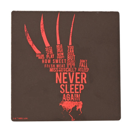 Square black stoneware coaster featuring Freddy's clawed hand in bold red lettering, with "Never Sleep Again" across the wrist, on a plain white background.