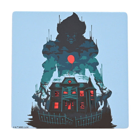 Square stoneware coaster printed with the Neibolt House from IT in dark teal and black on pale blue, with a towering clown silhouette, red balloon, glowing red windows, and a broken picket fence.