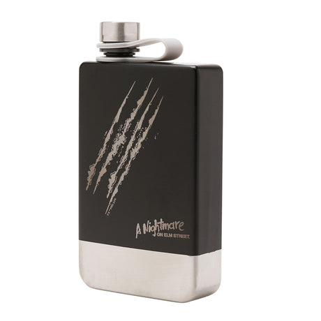 Rectangular matt black metal hip flask, 8oz, with silver claw slash marks and "A Nightmare on Elm Street" text, brushed steel base band and cap, on a white background.