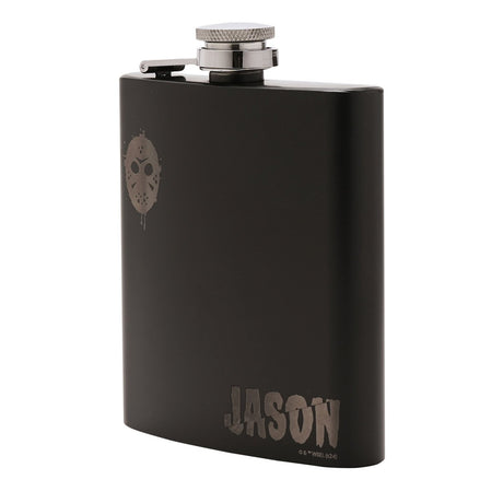 Matte black rectangular metal hip flask with screw cap, featuring a gunmetal grey Jason hockey mask and worn "JASON" text, shown on a plain white background.