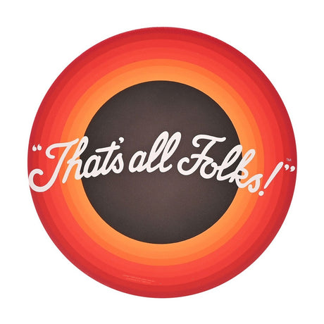 Round ceramic coaster with concentric orange-to-red bands framing a dark brown-black centre reading "That's All Folks!" in white script, on a plain white background.
