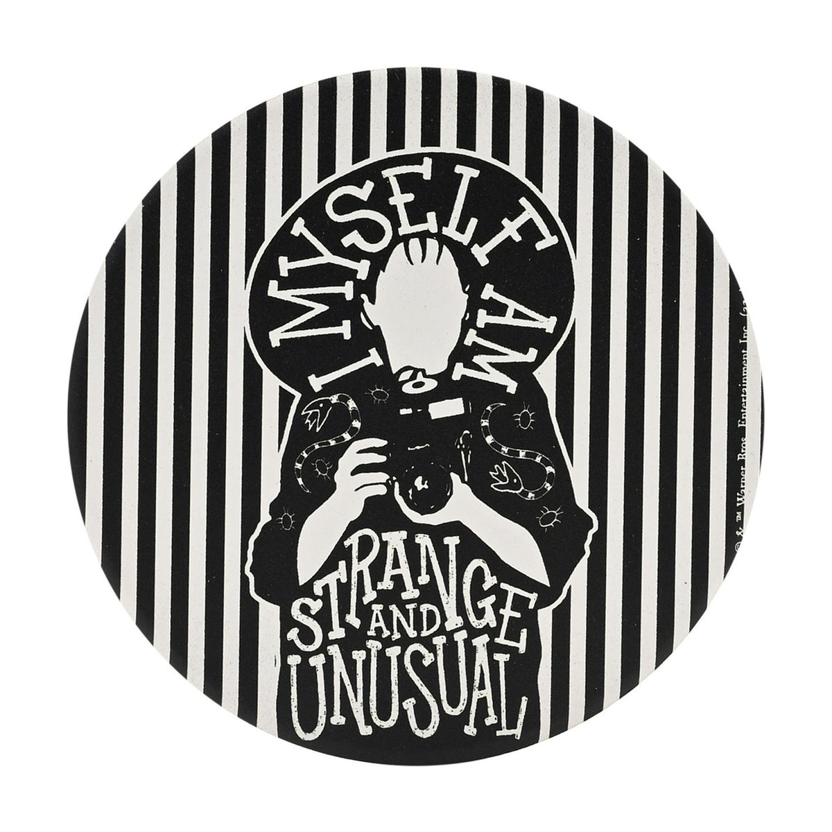 Round white ceramic coaster featuring a black Beetlejuice design of a silhouetted figure holding a camera, with "I Myself Am Strange and Unusual" lettering and a striped border, on a plain background.