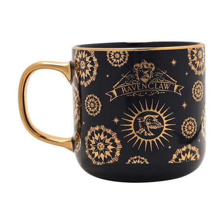 Harry Potter Ravenclaw porcelain mug in black and gold with crest, eagle sunburst motif, and gold starburst pattern, gold handle, on a white background.