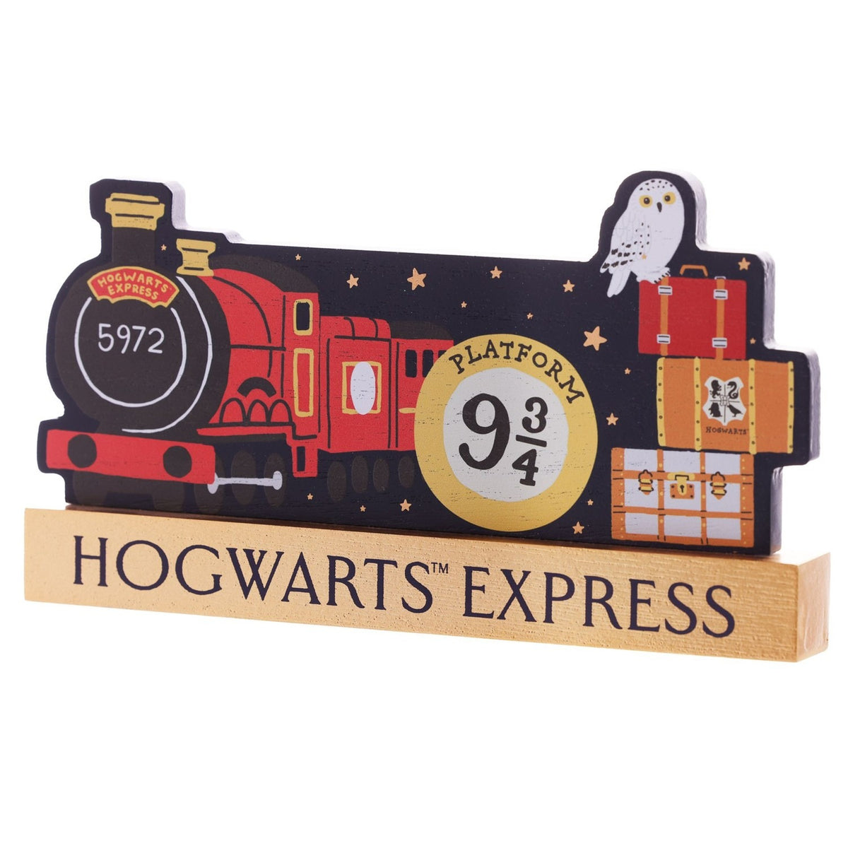 Wooden mantel plaque shaped like the Hogwarts Express train with engine 5972, Platform 9¾ sign, a snowy owl and stacked trunks, on a gold Hogwarts Express base.