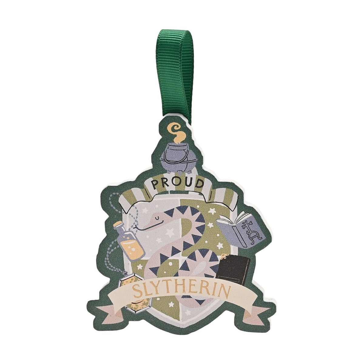 Harry Potter Slytherin mini wooden hanging wall art with green ribbon, featuring a snake-patterned crest, cauldron, potion bottle and books, with "PROUD SLYTHERIN" banners, on a white background.