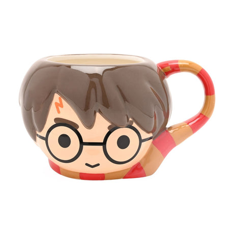 Harry Potter 3D stoneware mug shaped like his head with glasses, lightning bolt scar and brown hair, striped red and gold scarf handle, on a white background.