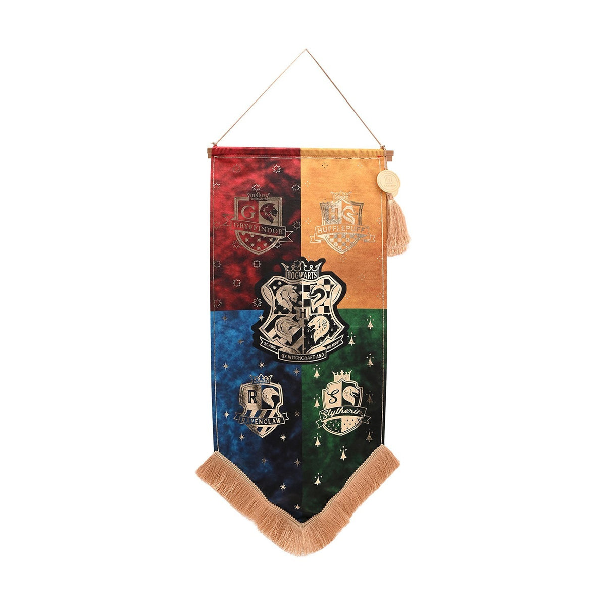 Harry Potter Hogwarts Houses fringed pennant banner, quartered in red, orange, blue, and green with the four house crests around a central Hogwarts shield, tan tassel trim.
