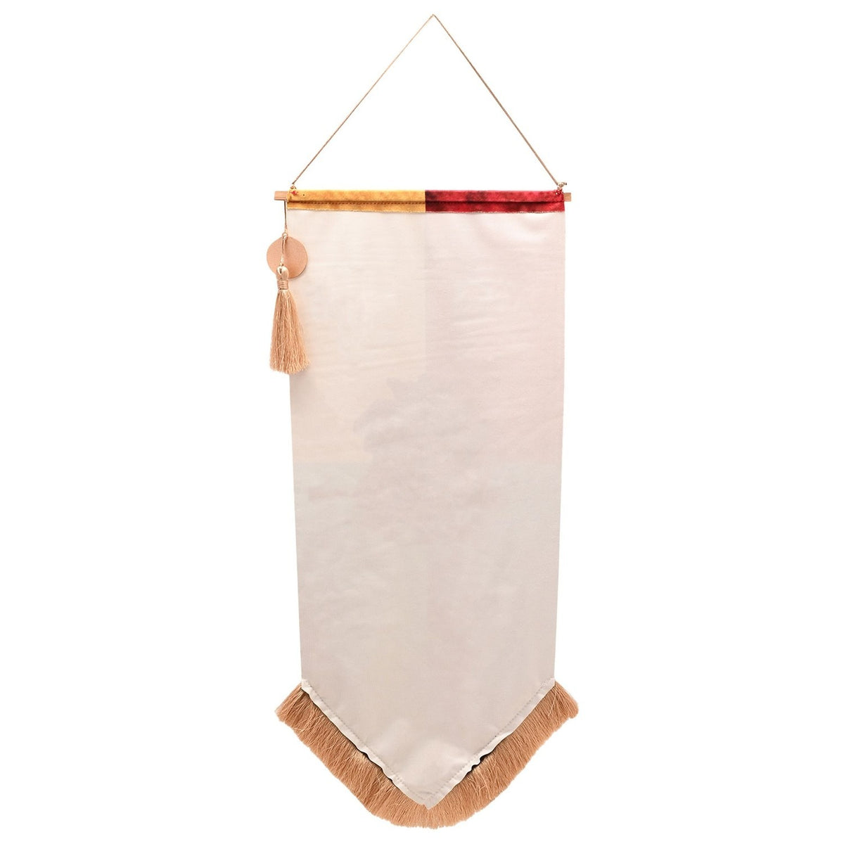 Fringed wall banner with pointed hem, cream fabric top panel in yellow and red tones, tan tassel and fringe trim, hung from a cord against a plain white background.