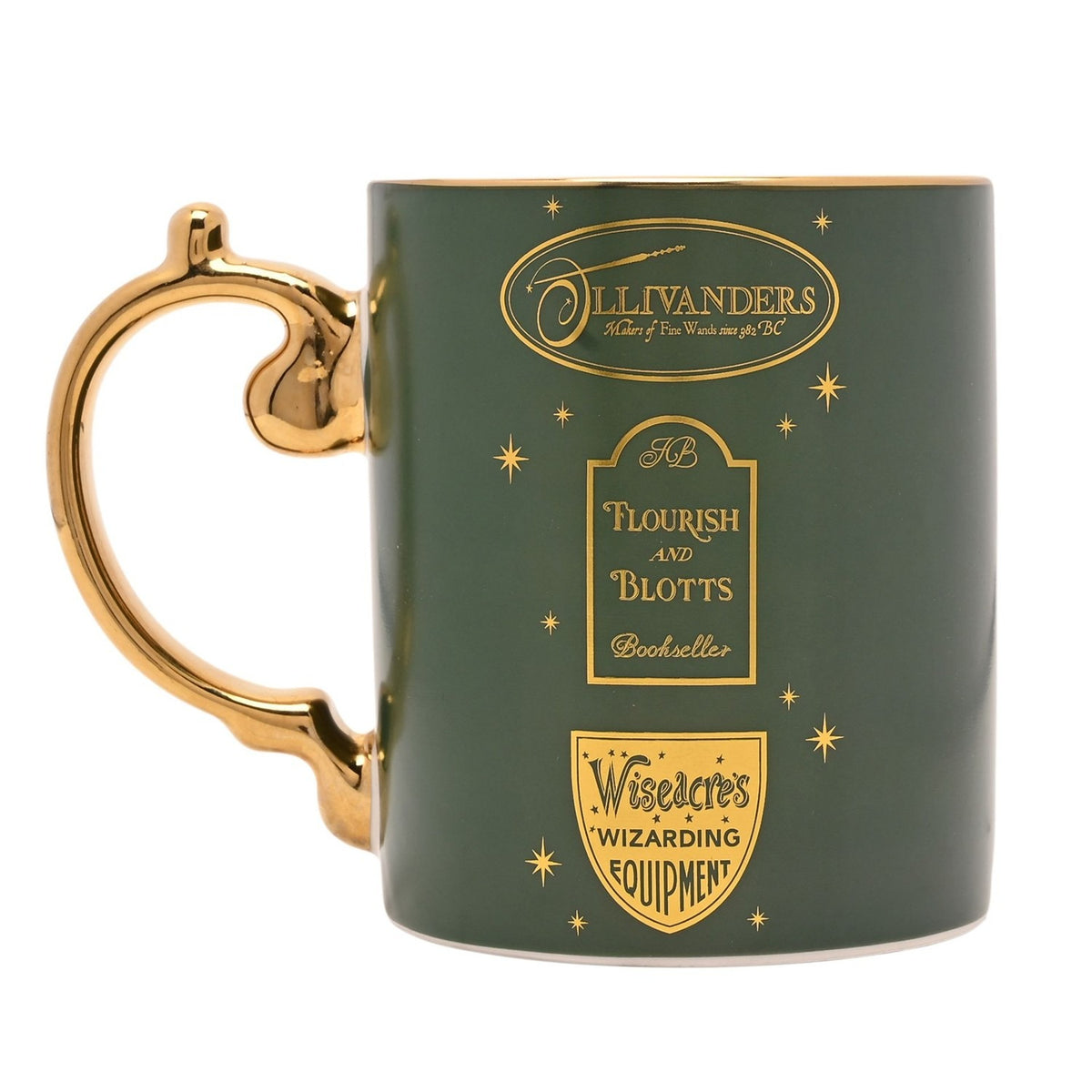 Green porcelain mug with gold handle, featuring Ollivanders, Flourish and Blotts, and Wiseacre's shopfront logos with star details, on a white background.