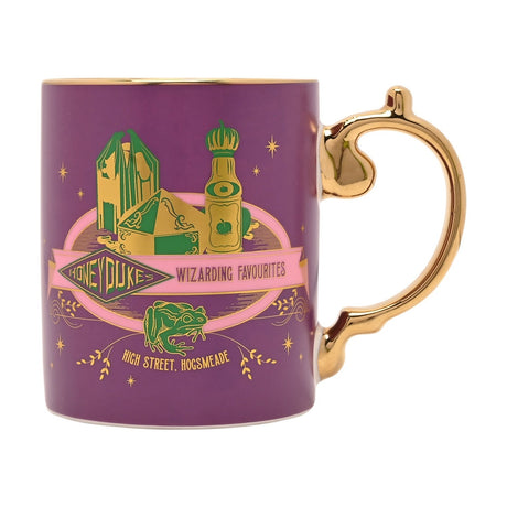 Harry Potter Honeydukes collectable mug in matt magenta with a glossy gold handle, featuring gold-green sweet boxes, a frog, and Honeydukes signage, on a white background.