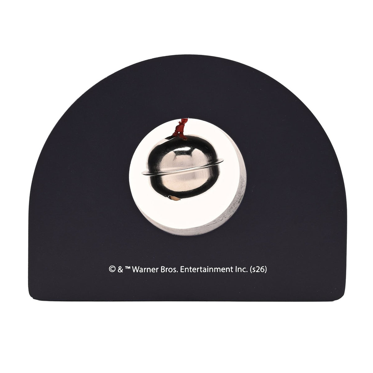 Arched black wooden Christmas plaque with a round cut-out revealing a silver-coloured sleigh bell on a white backing, shown against a plain background.