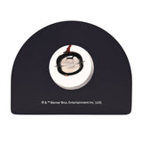 Arched black wooden Christmas plaque with a round cut-out revealing a silver-coloured sleigh bell on a white backing, shown against a plain background.