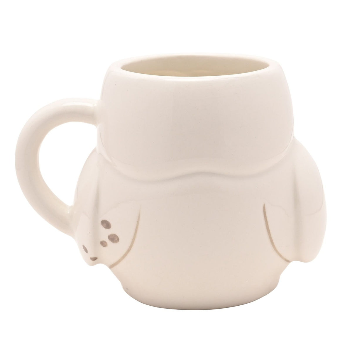 White glossy stoneware mug shaped as Hedwig the owl, with sculpted wings, dark eyes, a small beak, and a raised letter on her chest, set against a plain white background.