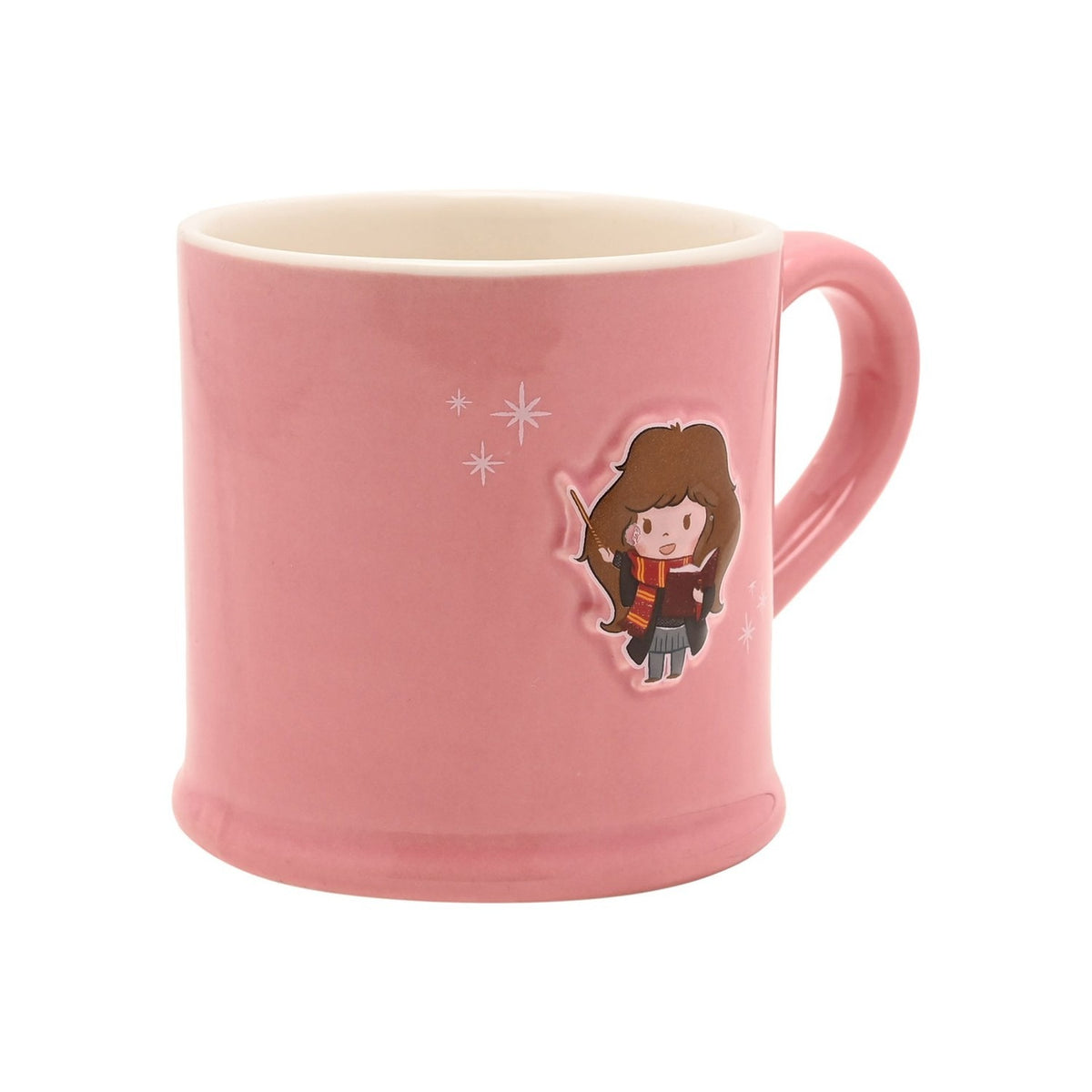 Pink stoneware mug with white interior, featuring an embossed cartoon Hermione holding a wand and book, with sparkle details, set on a plain white background.