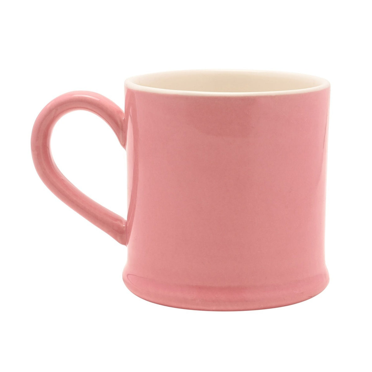 Pink stoneware mug with a glossy finish, curved handle, and white interior, shown on a plain white background.