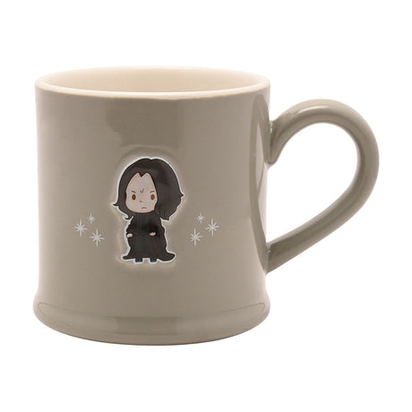 Grey stoneware mug with a glossy glaze, featuring an embossed cartoon figure of Severus Snape in black robes and white sparkle accents, set against a plain white background.