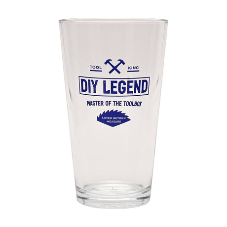 Clear tapered pint beer glass, 460ml, with navy "DIY Legend" print, crossed hammers, and saw-blade badge, shown on a plain white background.