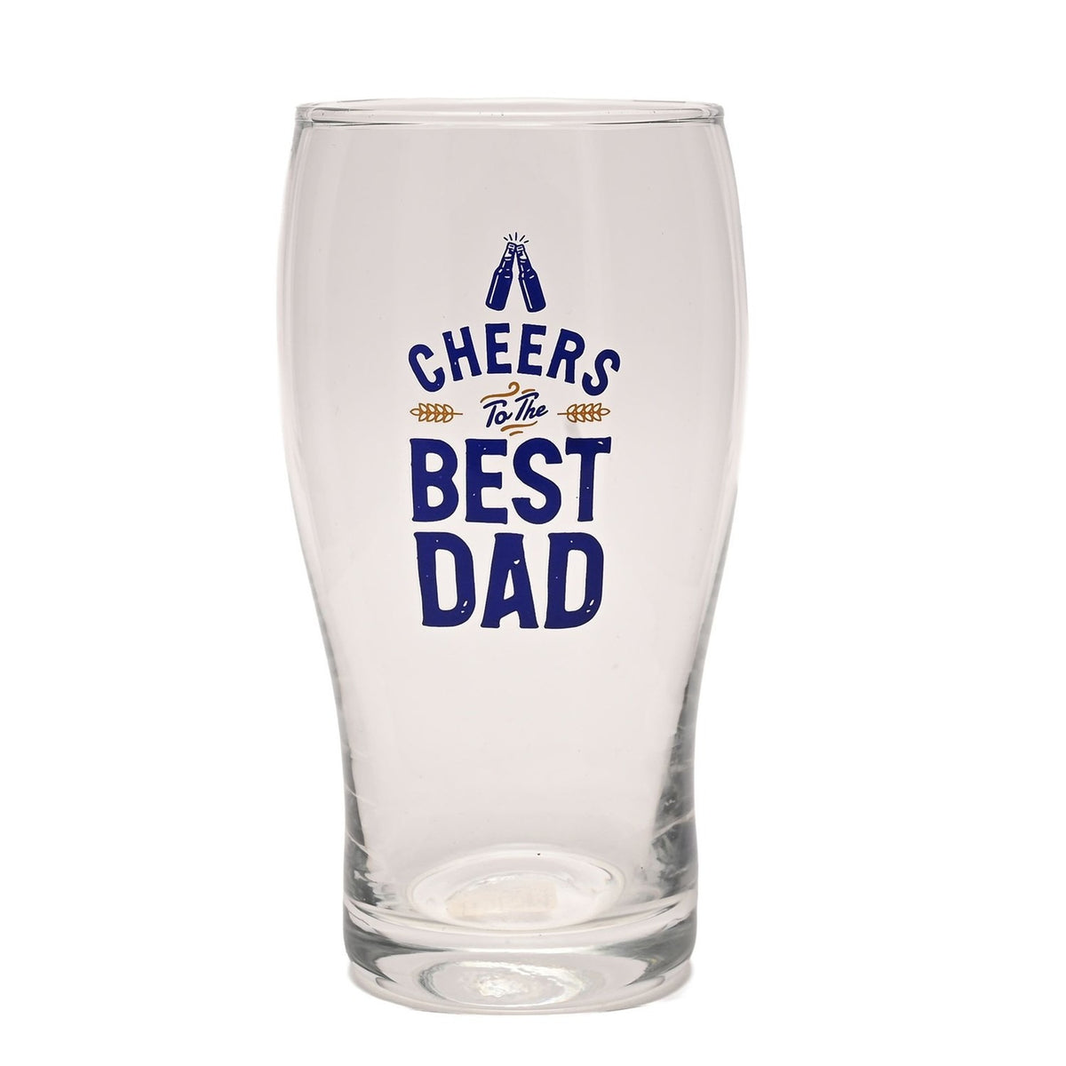 Clear pint beer glass with a pub-style curved shape, printed in navy blue with "Cheers to the Best Dad," a clinking bottles motif, and wheat sprigs, shown against a plain white background.