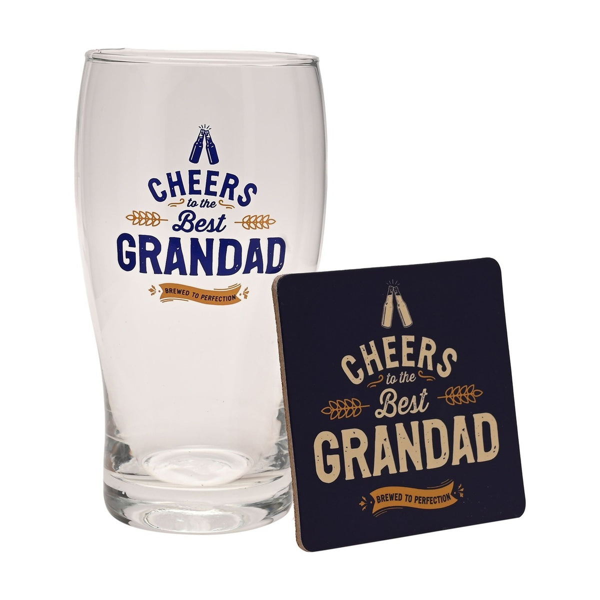 Best Grandad Pint Beer Glass with Coaster Set - Clear & Blue