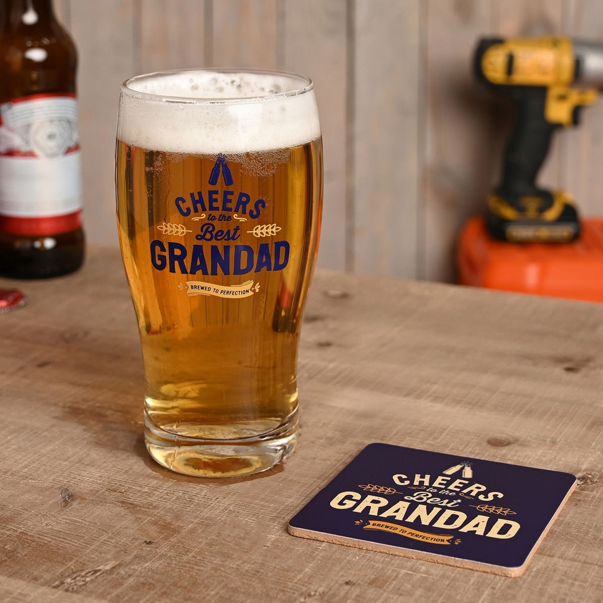 Best Grandad Pint Beer Glass with Coaster Set - Clear & Blue