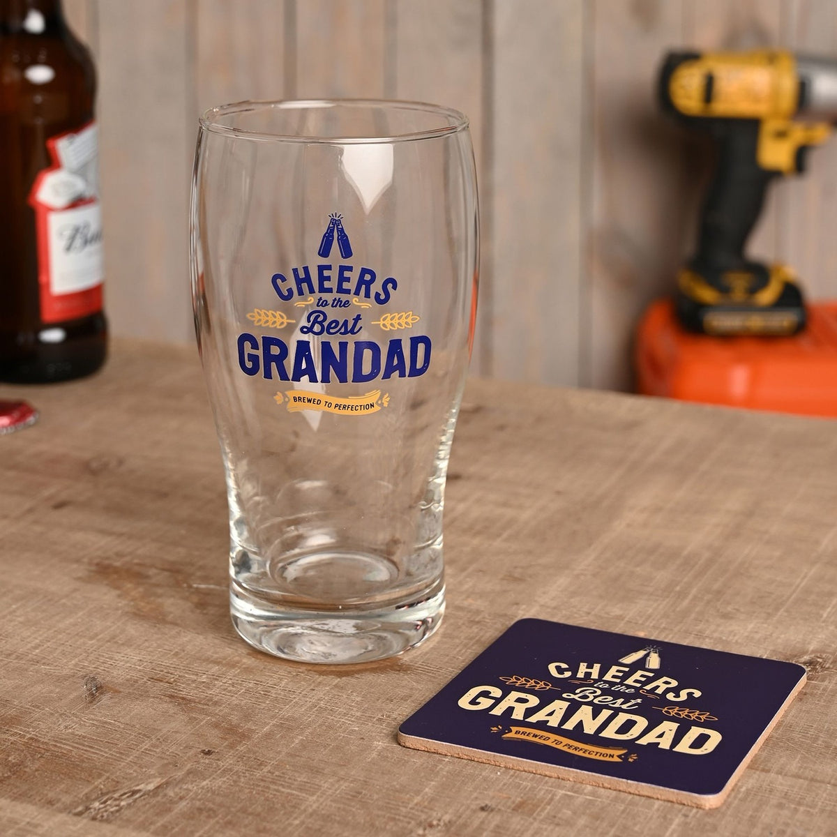 Best Grandad Pint Beer Glass with Coaster Set - Clear & Blue