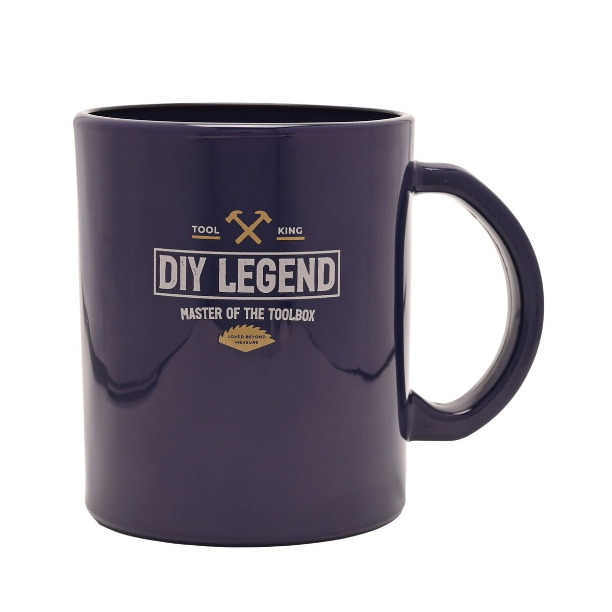 Blue ceramic mug printed with "DIY Legend, Tool King, Master of the Toolbox" and a gold badge, shown against a plain white background.