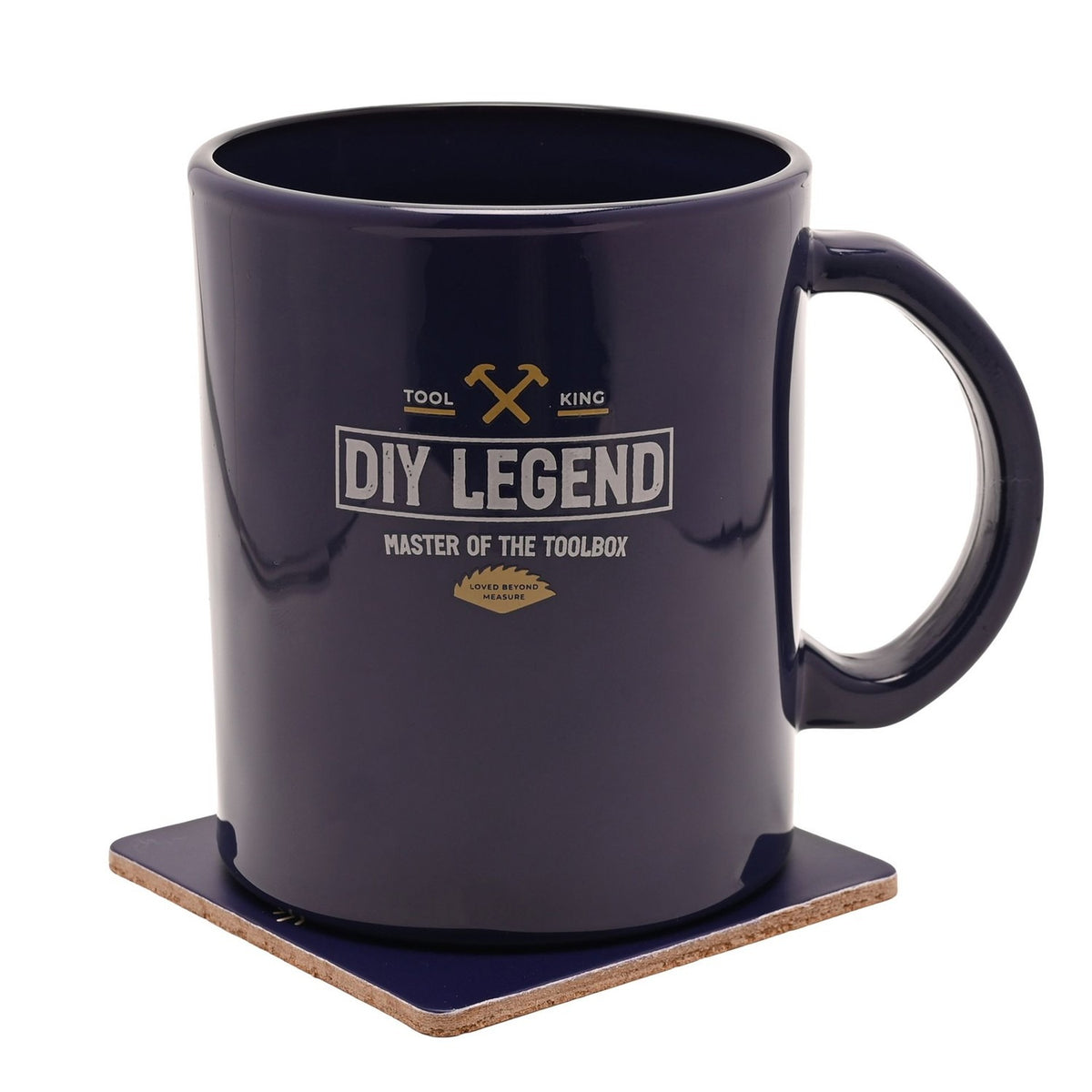 Blue ceramic mug printed with "DIY Legend, Tool King, Master of the Toolbox" and crossed hammers, shown with a matching blue square coaster on a white background.