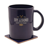 Blue ceramic mug printed with "DIY Legend, Tool King, Master of the Toolbox" and crossed hammers, shown with a matching blue square coaster on a white background.