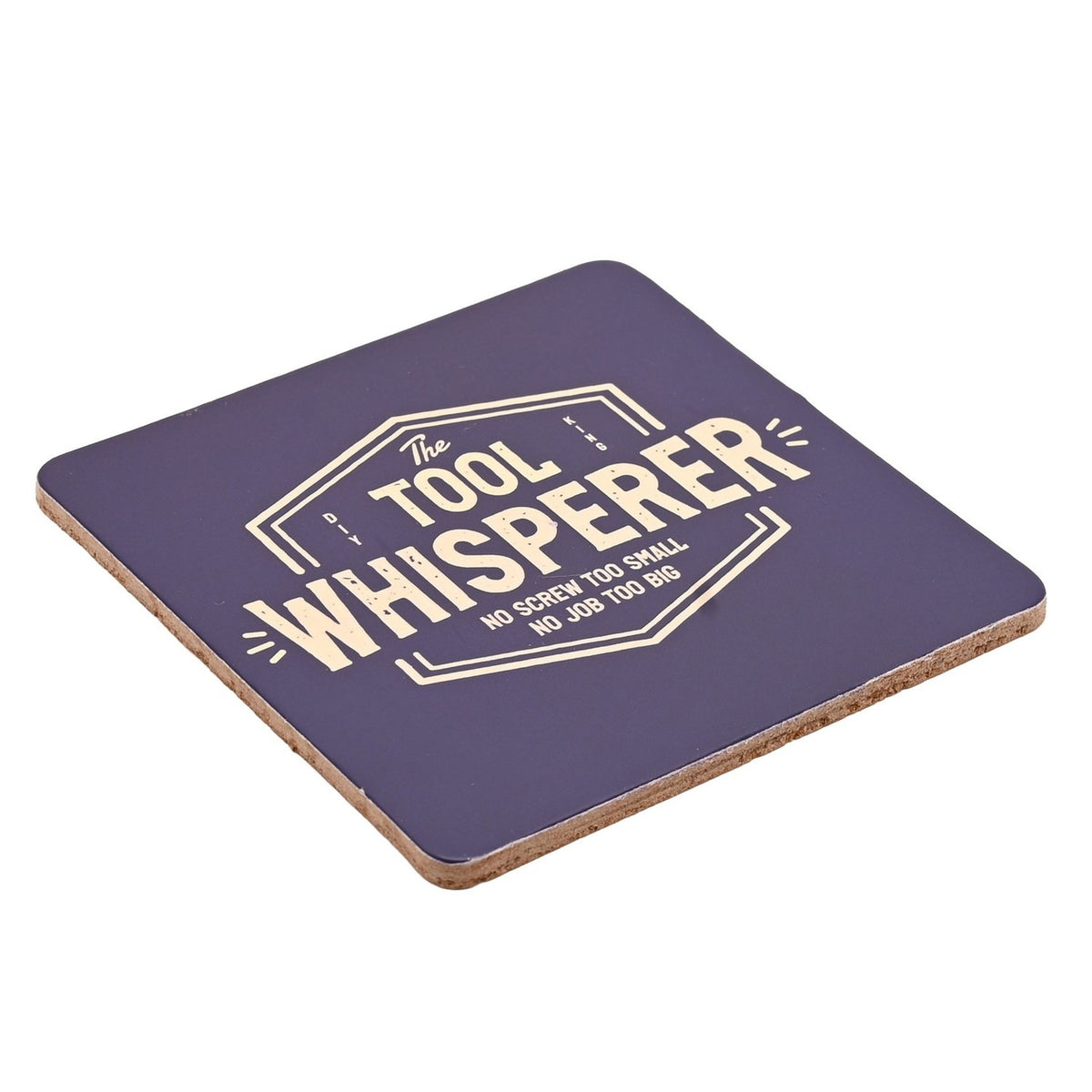 Square blue coaster with gold "The Tool Whisperer" text, cork backing, shown tilted on a white background.
