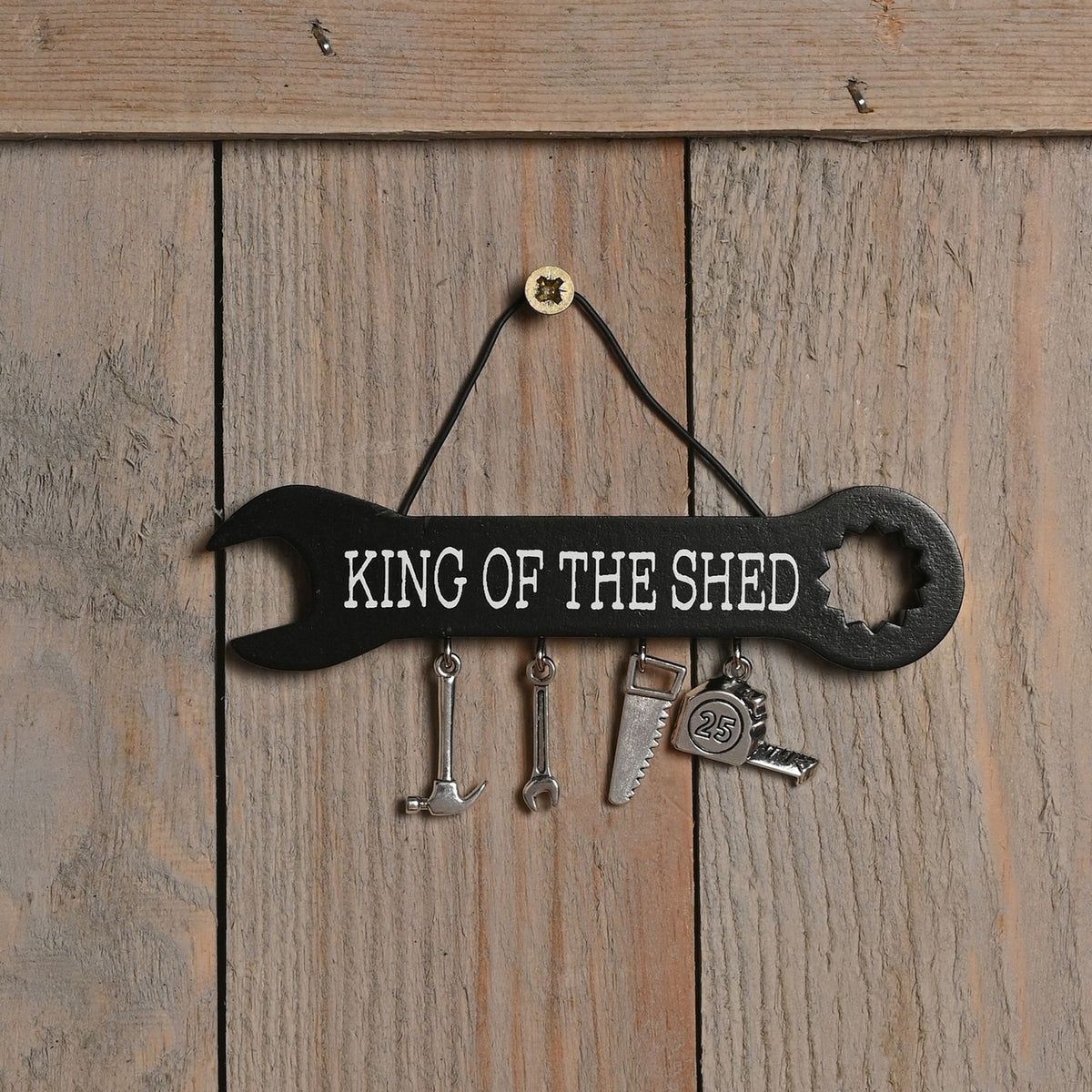 King of the Shed Wooden Spanner Plaque with Charms - Black