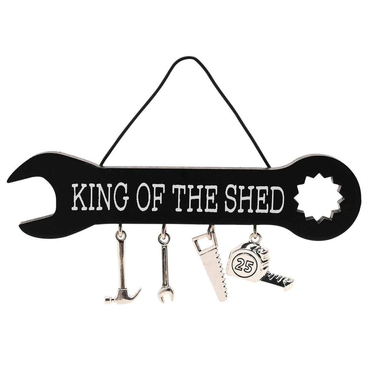 King of the Shed Wooden Spanner Plaque with Charms - Black