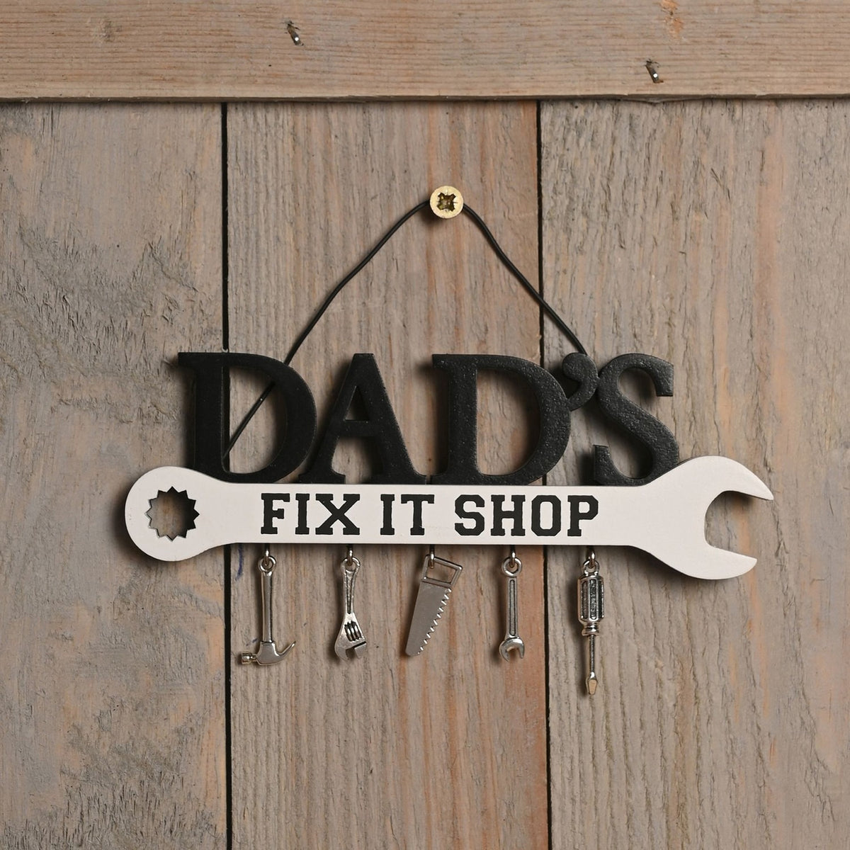 Dad's Fix It Shop Spanner Wooden Plaque - Black & White
