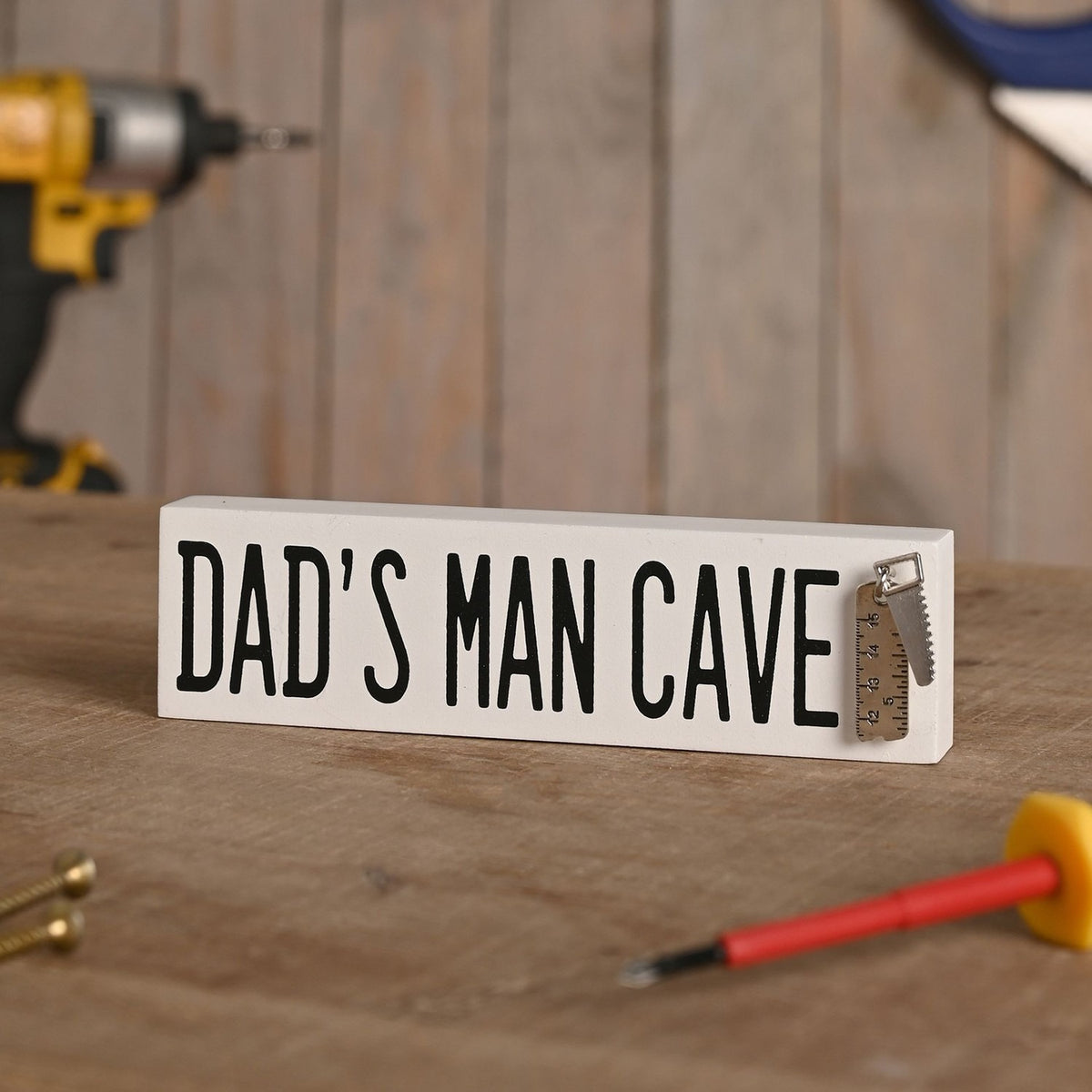 Dad's Man Cave Wooden Plaque with Saw & Ruler Charm - White
