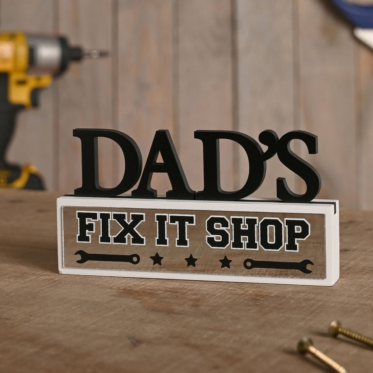 Dad's Fix It Shop Freestanding Wooden Plaque - Black & White